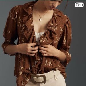 Anthropologie Floral Brown Ruffle Pintuck Blouse Top Size Medium